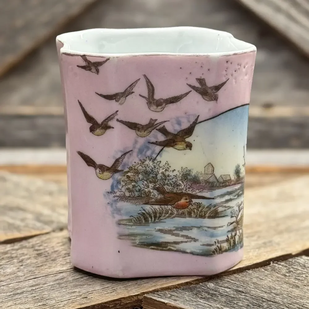 19th Century Victorian Pink Bone China Wishbone Handled Cup w/ Winter Landscape